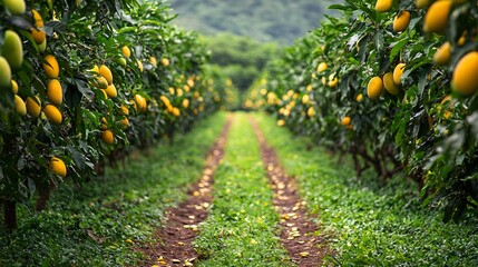 A vibrant Thai orchard with rows of mango trees, filled with bright yellow and green mangoes.