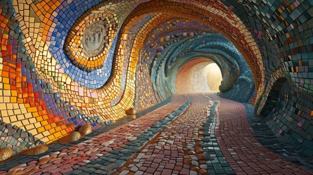 An abstract and colorful mosaic tunnel with a distinct curved path. The vivid tiles form intricate patterns, creating an immersive and artistic experience as the path winds through the tunnel's unique