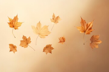 close-up photo of amazing dropping gold maple leaves in beige background