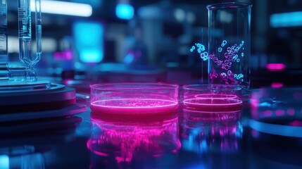 A lab with a blue background and a glass dish with red liquid in it