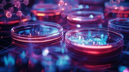 A lab with a blue background and a glass dish with red liquid in it