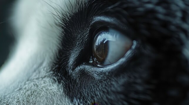 Close-up shot of a panda's face, zoomed in on one side, eye locked onto the camera
