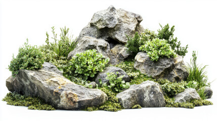 Natural landscape with rock and greenery in the garden isolated on white background for graphic design.
