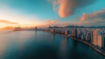 Fototapeta premium An aerial view of skyline, showcasing the cityscape with skyscrapers and coastal elements. The photo captures an early morning light, highlighting the colors of the buildings .