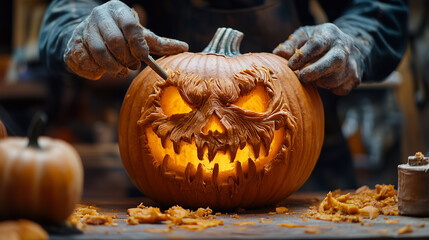 A Halloween scene featuring carved pumpkins with Jack-o'-lantern faces, highlighting the festive tradition of pumpkin carving for the holiday.
