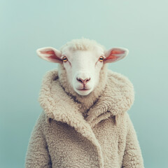 Fototapeta premium Anthropomorphic portrait of sheep wearing wool coat on pastel green background 
