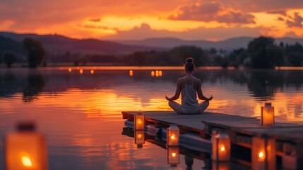 Fototapeta premium Peaceful Sunset Yoga on a Lake