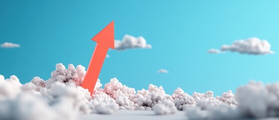 A red arrow is pointing upwards through a cloud-filled sky