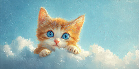 A cute orange and white cat sitting on top of the clouds in the sky, generative AI