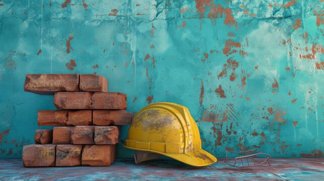 A yellow hard hat lies beside a stack of bricks and a twisted piece of metal wire on a distressed turquoise surface. The aged, rustic setting suggests themes of construction, safety, and industrial