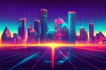 Fototapeta premium A vibrant digital cityscape with neon lights and futuristic buildings against a starry sky, perfect for tech-themed projects.
