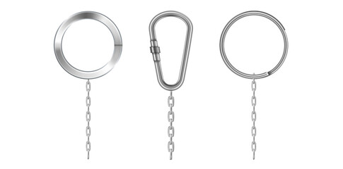 Collection Of Realistic Key Rings With Chain Vector Illustration.	