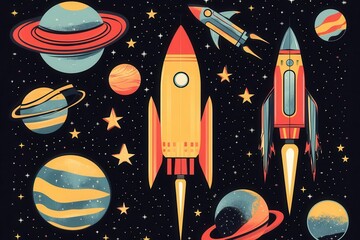 A vibrant illustration of rockets soaring through a colorful cosmic scene filled with planets and stars.