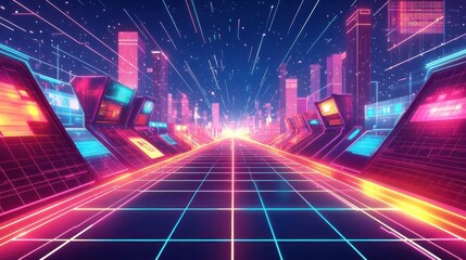 Fototapeta premium Futuristic cityscape with neon lights and vibrant colors, depicting a digital world and technological advancement.