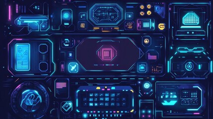 Futuristic digital interface with neon accents, showcasing various tech elements and a modern aesthetic for high-tech backgrounds.