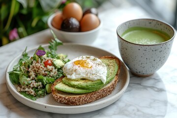 A healthy breakfast plate with avocado toast, salad, eggs, and green drink.