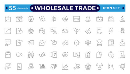 Wholesale icon set with merchandise, retailers, industrial, commercial, goods, bulk, consumer, buying, and higher price. Wholesale Trade Editable stroke outline icon.