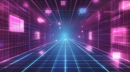 Fototapeta premium Futuristic tunnel with neon lights and grid pattern, creating an immersive digital atmosphere for technology and innovation.