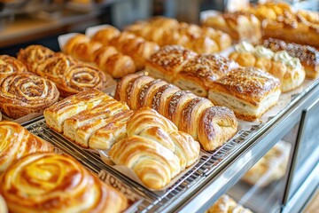 Freshly baked pastries in a bakery display, Monday morning, delicious start to the day