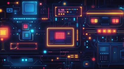 Obraz premium Vibrant digital circuit board design with glowing elements, ideal for tech and innovation themes in modern media.