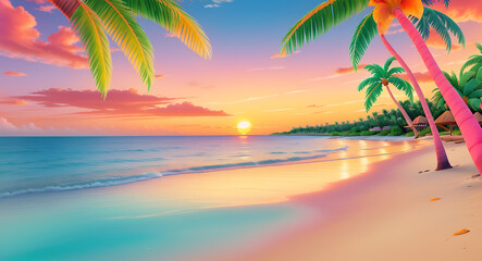 Naklejka premium A tranquil sunset on a tropical beach with calm waves, palm trees swaying, and vibrant hues of orange and pink reflecting on the serene water. Perfect for relaxation, vacation, and peaceful nature set