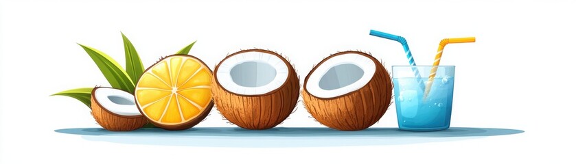 Refreshing summer composition featuring coconuts, lemon slice, and a cool drink with straws, evoking tropical vibes and relaxation.