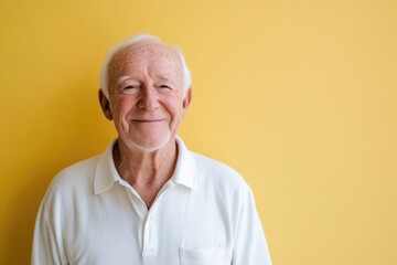 Obraz premium Elderly male presenter, smiling gently, in front of a solid pale yellow background with room for messaging