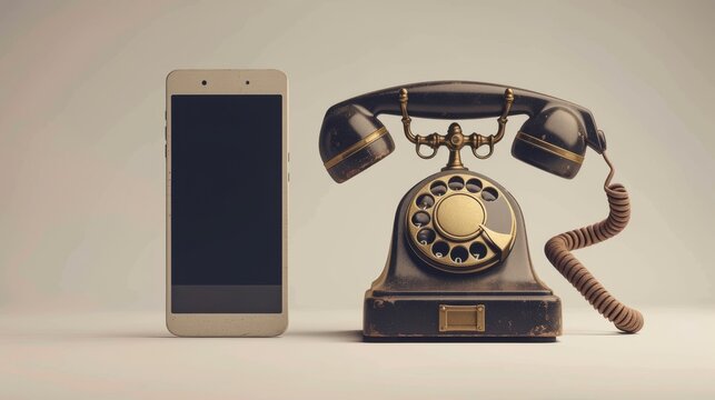 A nostalgic comparison between a classic rotary telephone and a modern smartphone, set against a neutral background. The juxtaposition highlights the evolution of communication technology over the - Powered by Adobe