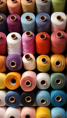 Various Thread rolls filled in seamless background with colorful cotton threads of all colors, wide perspective wallpaper style, thread rolls backdrop
