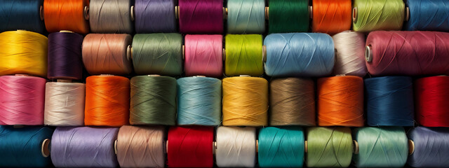 Various Thread rolls filled in seamless background with colorful cotton threads of all colors, wide perspective wallpaper style, thread rolls backdrop
