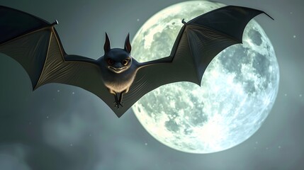 Naklejka premium Bat Flying in Front of the Moon