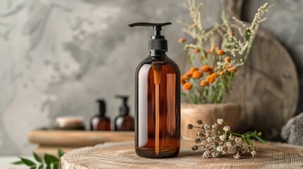Still life featuring a brown pump bottle for showcasing organic cosmetics. Capture wellness and spa themes.