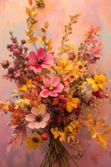 A vibrant bouquet of autumn flowers with a soft pastel background, showcasing the rich, warm hues of pink, yellow, and orange.