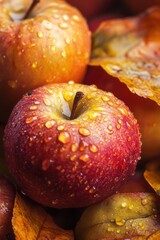 Fresh apples adorned with water droplets among autumn leaves, showcasing a crisp and refreshing display of the season's natural delights.