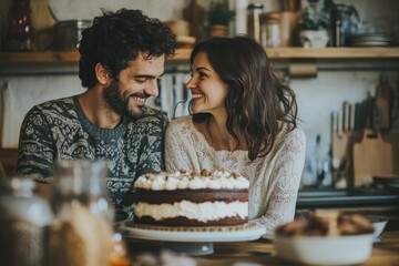 A couple smiling at each other while baking a cake in a cozy kitchen, savoring the creative process of making a delicious dessert together