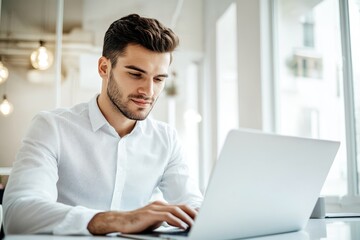 Fototapeta premium High-resolution brightly lit photorealistic candid photograph of a young marketer focused on his laptop in a bright, stylish office with a contented expression. The photograph is styled like a
