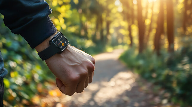 A fitness tracker on a person's wrist while they run along a scenic path, highlighting the importance of staying active 