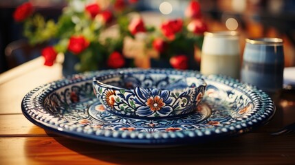 empty plates with designing patterns in cafe