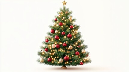 Christmas tree with ornaments and lights, festive decoration, vector art, isolated on white background