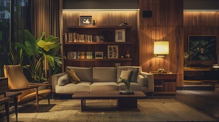 Fototapeta premium Modern Living Room Interior Design with Warm Lighting and Wooden Accents
