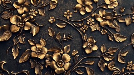 Intricate gold floral pattern embossed on a dark textured background.