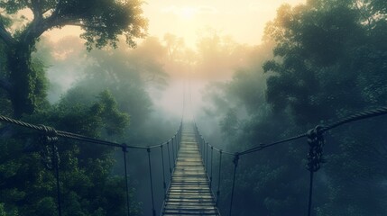 Fototapeta premium A rope suspension bridge stretches into a misty jungle, bathed in the soft glow of sunrise. The atmospheric scene evokes a sense of mystery and adventure, perfect for themes of exploration or escape.