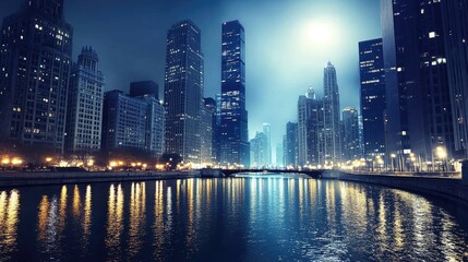 Fototapeta premium Nighttime Cityscape with Illuminated Buildings and Skyline