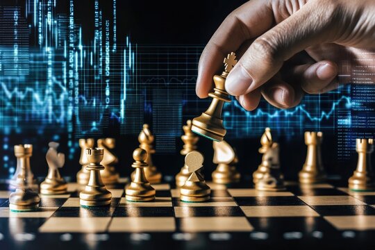 Crop-view of a hand placing a chess piece on a board, symbolizing business strategy, with digital screens in the background. Subtle elements like dollar signs and strategy graphs are woven into the