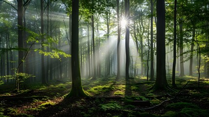 Sunbeams Through Misty Forest