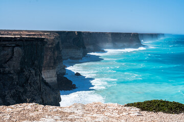 Aerial drone view over The Bight in South Australia along the infamous Nullarbor 