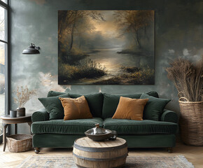 “A Dark Green Sofa with a Dark Emerald Wall and a Forest Painting”
