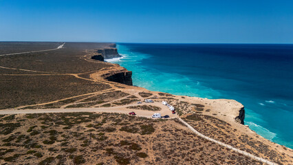 Aerial drone view over The Bight in South Australia along the infamous Nullarbor 