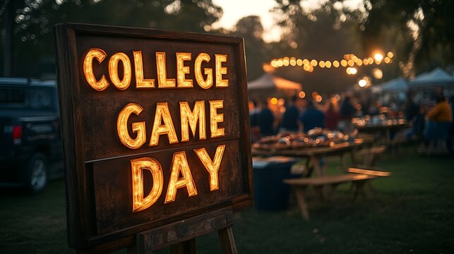 Sign that reads &ldquo;COLLEGE GAME DAY&rdquo; - Just before sundown - golden hour - tailgating - tailgate - fans - spirits - hype - football - college -fall 