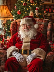 Santa Claus sitting in an armchair in a Christmas decorated living room, dressed as Santa Claus, with Christmas decorations around him